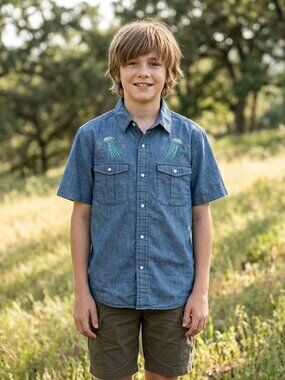 Howler Bros. Blue Short-Sleeve Embroidered Denim Shirt - Youth Large